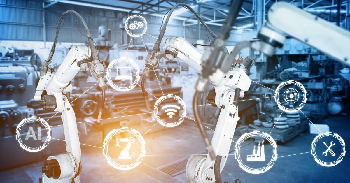 A digitized depiction of complex manufacturing processes involving technology