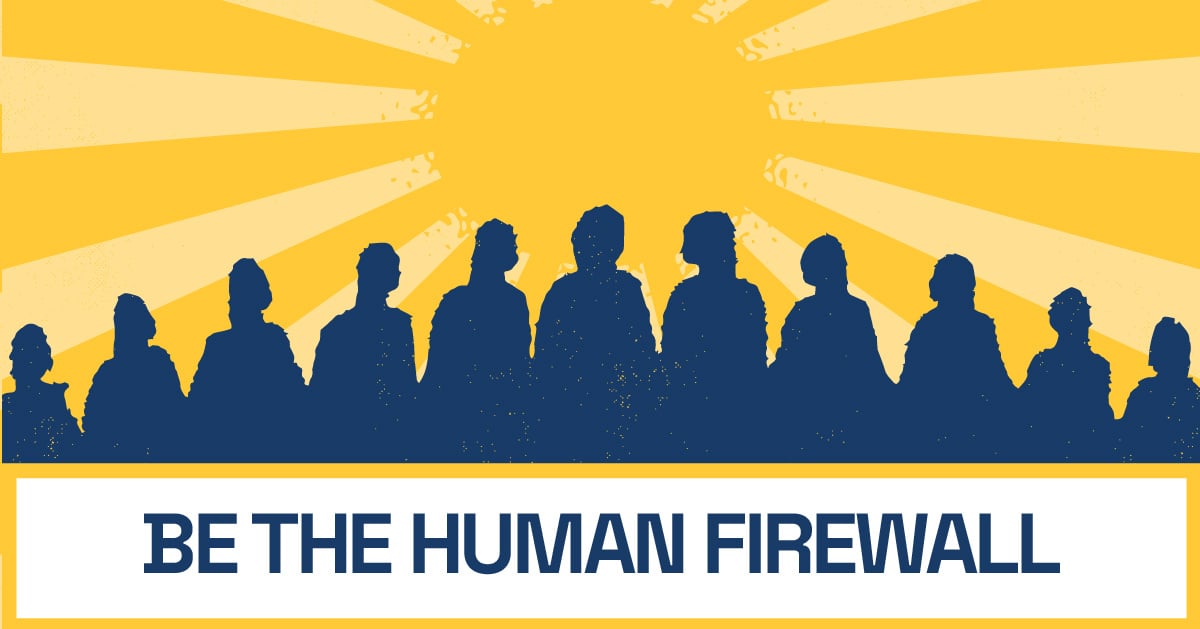 A vintage propaganda-inspired poster inspiring employees to be the human firewall to combat phishing and other scams.