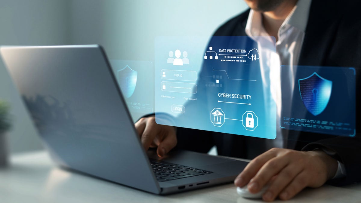 Cybersecurity basics shown on a laptop. 
