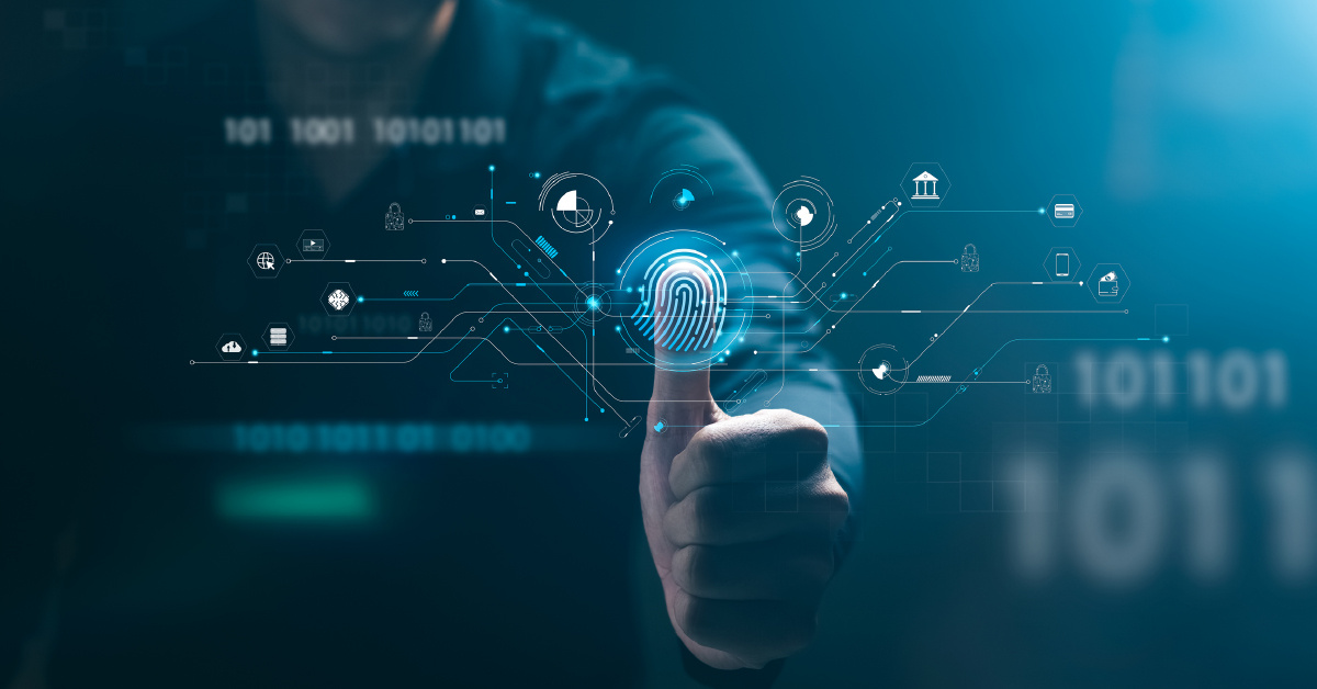 An employee scans his fingerprint to illustrate how proper user authentication methods can help prevent business fraud.