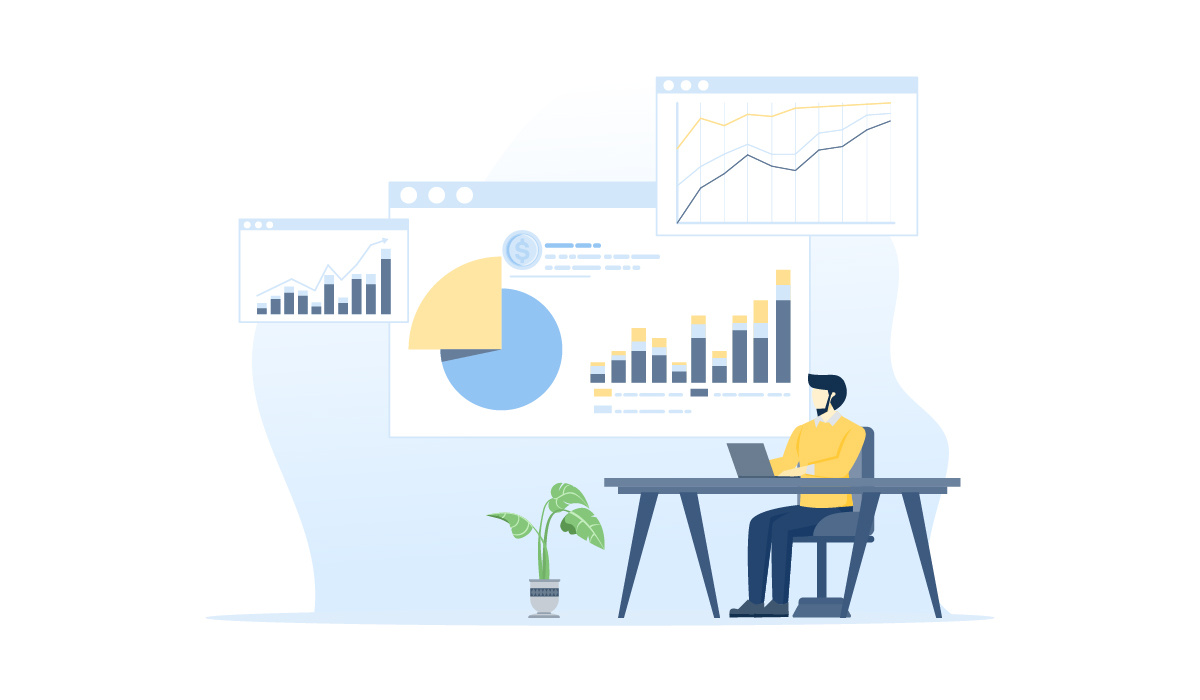 An illustration of a male employee exploring the ROI that his organization receives from various cloud computing tools.