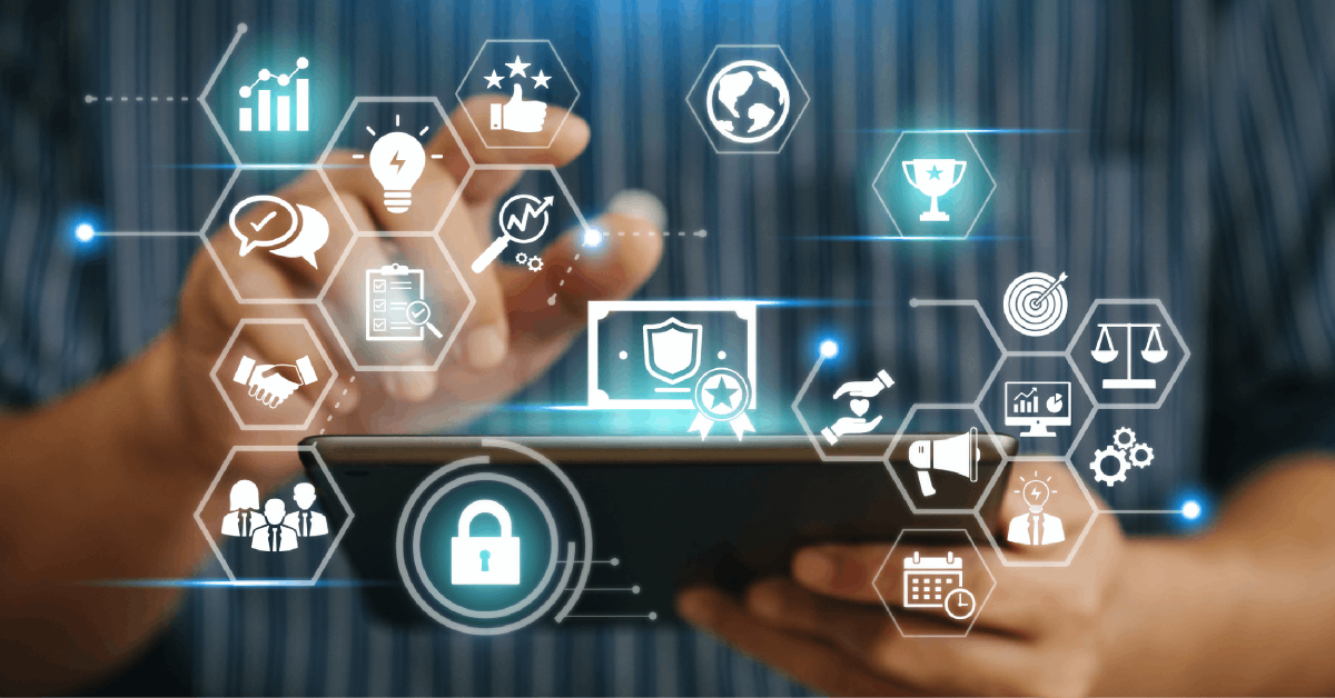 A closeup of a hand interacting with a digitized depiction of comprehensive managed IT services.